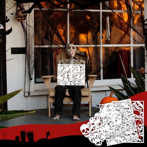 Yinder 4 Pcs Skull Stencils Skull Background Airbrush Stencil Art Template Design DIY Craft Paint Stencils for Airbrush Painting on Wall, Wood, Canvas