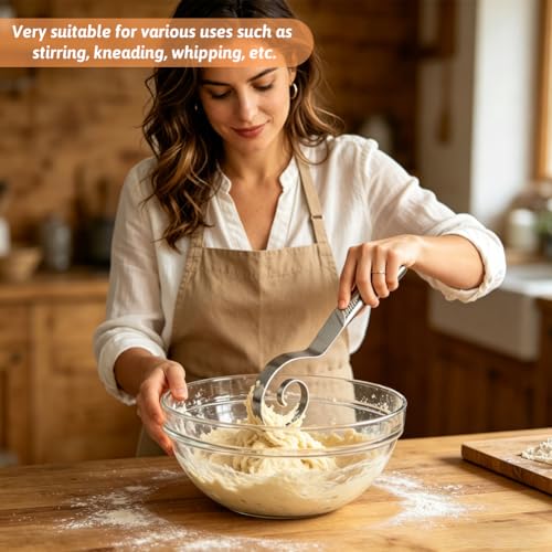 Seamless Dough Whisk Stainless Steel, 10 Inch Seamless Danish Dough Whisk with Dough Cutter, One-Piece Manual Mixing Tool for Cooking, Whisking, Pizza Pastry Cake Batter, Dishwasher Safe