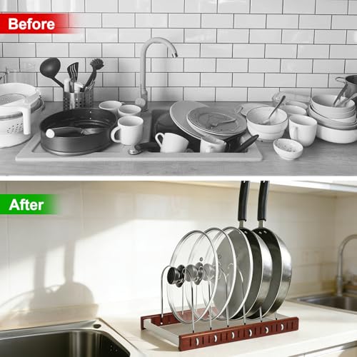 Pot Lid & Pan Organizer, Space-Saving Kitchen Cabinet Organizer W Oak Base & Self-Adaptive Flexible Design for Tray, Baking Sheet, Cutting Board, Cookware, Skillets - Cutting Board Holder Storage
