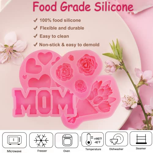 6Pcs Mother's Day Fondant Mold Mom Word Silicon Mold Best Mom Chocolate Mold Rose Tulip Flower Heart Shape Molds Mother Candy Silicone Mould Baking Supplies for Cupcake Desserts Decor