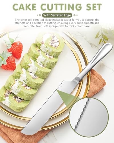 2-Piece Premium Cake Cutting Set, Exquisite Knife and Server with Serrated Design, Includes Cake Knife and Pie Spatula for Pastry, Pizza and Desserts (Silver) - color: Silver