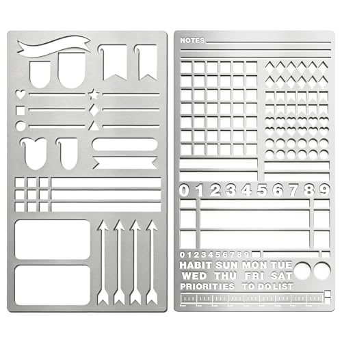 2 Pack Metal Journal Stencils - Stainless Steel Reusable, Planner Stencils for Planner & Bullet Journal, Lists, Creative Journaling, DIY Scrapbooking, Habit Tracker