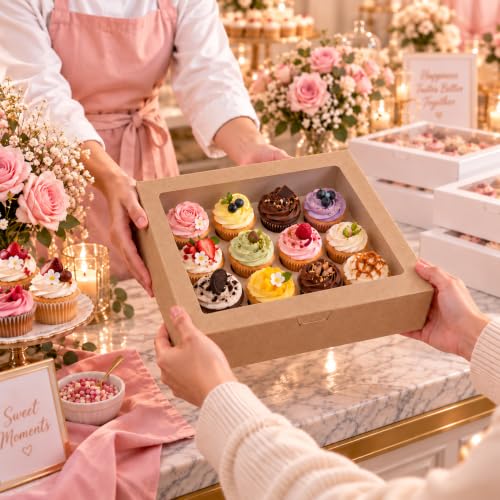 NPLUX 6 Pack Cupcake Boxes for 12 Cupcakes, Brown with Window - color: Brown