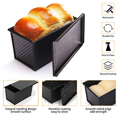 CHEFMADE Pullman Loaf Pan with Lid 2 Pcs, 1Lb Dough Capacity Non-Stick Rectangle Corrugated Bread Pan, Carbon Steel Toast Pan with Cover for Baking Bread - Black - size: Black 2 pieces 1 lb Corrugated