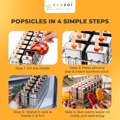 ecozoi Stainless Steel Popsicle Molds Set, 14 Metal Ice Pop Trays, 3 Ounce - size: Square-14 Molds