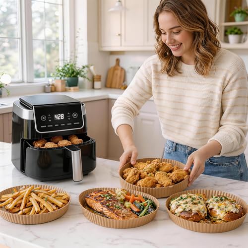 PakTalk Air Fryer Liners Disposable, Round Non-Stick Oil Proof Parchment Paper for Air Fryer Basket, Pre-Cut Bowl Shape Unbleached Food Grade for Oven Microwave Steamer (6.3 inch-50 pack) - size: 6.3 inch-50 pack