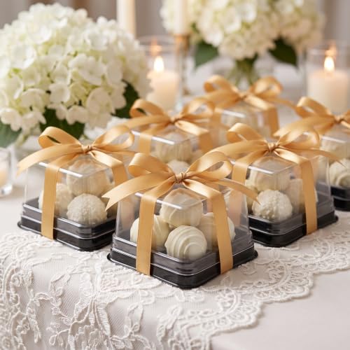 100 Set Plastic Single Individual Cupcake Containers Muffin Dome Holders with Lids, Mini Cupcake Containers Square Moon Cake Box Stand, Cookies Muffins Dome Box Mini Dessert Boxes- Black