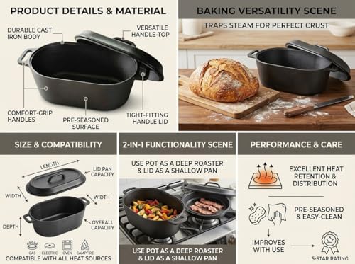 4.5QT Cast Iron Loaf Oven Pan - 11.3"x6.5"x4.3" Heavy Duty Sourdough Bread Pan kit - 5QT with Lid Handles Lame, for home baking - color: Bread Pan set -1