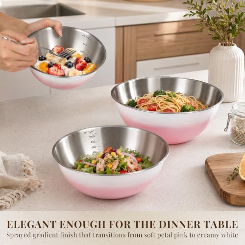 Pink Gradient Mixing Bowls with Measurements, 3-Piece Set - color: Pink Gradient