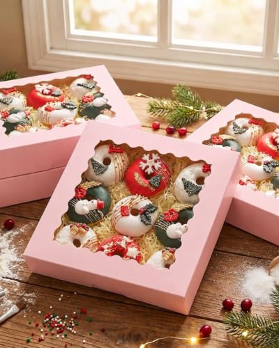 qiqee 10"x 10"x 2.5" Pink Pie Boxes with Window 120Packs Cookie Donut Bakery Box (Auto-pop Up) - color: Pink, 120Packs