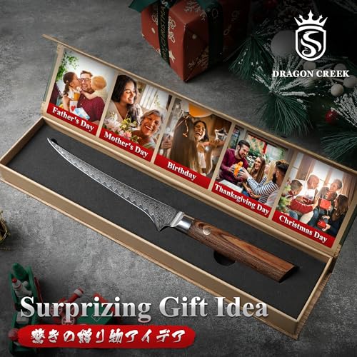 Dragon Creek Damascus Fillet Knife - Fish Vegetable Cutting - color: Walnut
