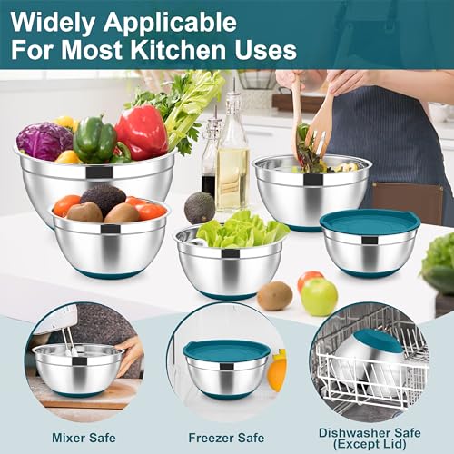 TeamFar Mixing Bowls, Stainless Steel Salad Bowl with Lid & Graters -Blue - color: Blue