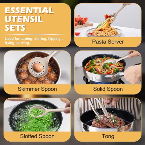Homikit 15-Piece Kitchen Cooking Utensil Set, Silicone Utensils with Holder - color: Khaki