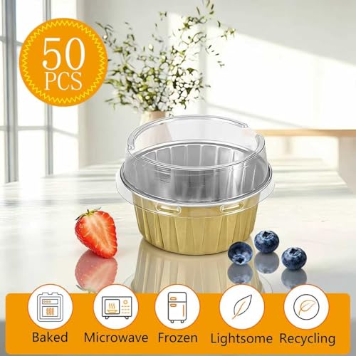 50pcs Aluminum Foil Baking Cups with Lids, 5oz Disposable Ramekins Cupcake Liners, Tart Pie Tin Pan Holder, Mini Cake Containers for Pudding, Souffle, Party, Wedding (Gold)
