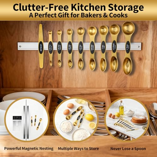 Gold Magnetic Measuring Spoons Set Stainless Steel with Leveler, Dual-Sided Stackable Metal Measuring Spoons for Baking & Cooking, Fits in Spice Jars, Heavy Duty Kitchen Gadgets, 8 Spoons & 1 Leveler - color: Gold