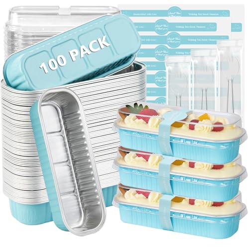 100 Pack Mini Loaf Pans with Lids and Spoons,6.8oz Bule Small Loaf Pans - color: Light Blue