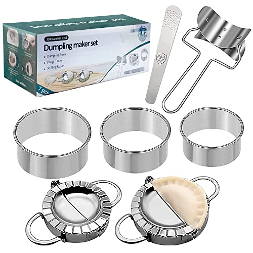 Dumpling Maker Set 7 Piece – Stainless Steel Dumpling Press Kit with Dough Cutter Rings, Empanada Mold & Filling Spoon – DIY Dumpling Maker Tool Set for Gyoza, Pierogi, Ravioli