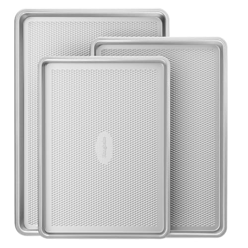 HONGBAKE Naturally Non Toxic Baking Sheet Pan Set of 3, Heavy Duty Aluminized Steel Cookie Sheets, Half/Quarter/Jelly Roll Pans with Textured Nonstick Surface, Free of PTFE & PFOA - color: Silver (Aluminized Steel)