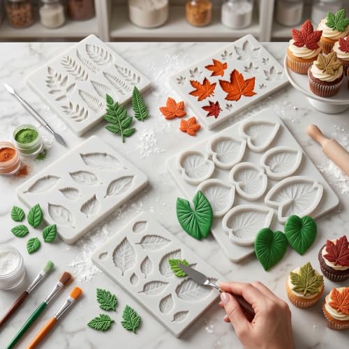 Leaf Silicone Mold Rose Maple Fern Leaves Fondant Molds Set Of 5 - color: Style H
