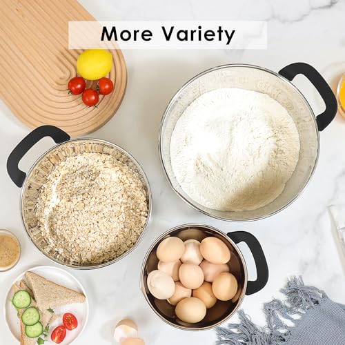 Rorence Stainless Steel Mixing Bowls: Stackable Mixing Bowl Set with Lids and Handles Non-slip Silicone Bottom Nesting Bowls for Kitchen Set of 3 - Black - color: Black