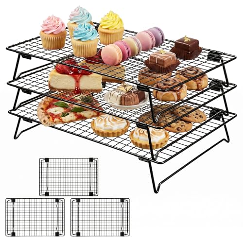 3-Tier Stackable Cooling Rack for Cooking and Baking, 17" x 11" Large Black Wire Cooling Rack, Foldable & Heavy Duty Cookie Cooling Rack, Oven Safe Baking Rack
