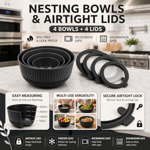 Dora Plastic Mixing Bowls with Lids, 8-Piece Airtight Leak-Proof Nesting BPA-Free Prep Bowl Set for Kitchen & Food Storage, Large 4200ml Capacity, Microwave & Dishwasher Safe(Black) - color: Black