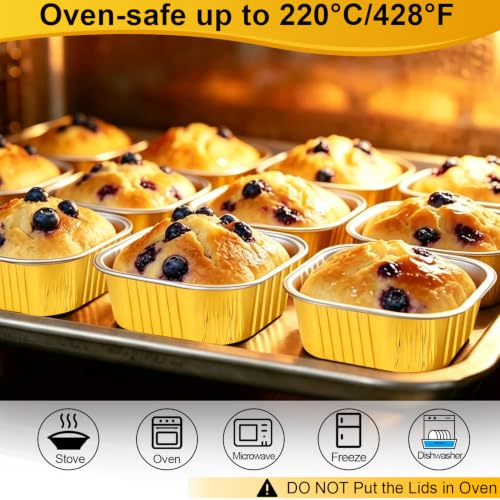 100 Pcs 5oz Mini Square Baking pans with Lids, Aluminum Foil Cake Molds with Lid, Disposable Cupcake Pan Pudding Cups for Party Wedding Birthday,Gold - color: Gold