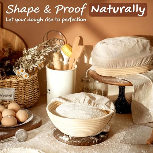 Beginner Sourdough Starter Kit - 9" Round & 10" Oval Banneton Proofing Baskets with Glass Starter Jar, Bread Sling, Dough Scrapers, Cooling Rack - Complete Homemade Baking Gift Set