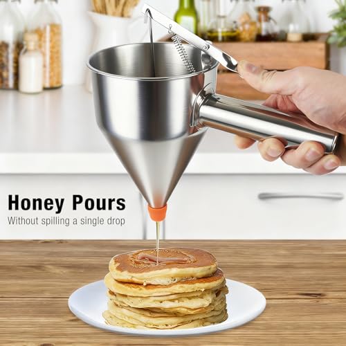 Pancake Batter Dispenser, Large 40oz/1200ml Multi-Caliber Stainless Steel Funnel Cake Dispenser with Stand for Commercial and Home Use