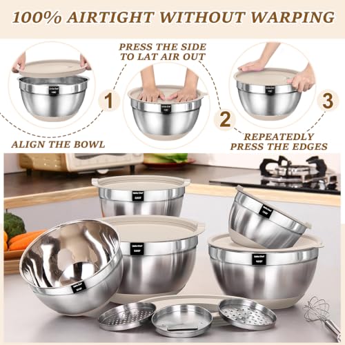Heavy-Duty 5QT Large Mixing Bowls with Lids Set, Non-Slip Silicone Base - color: Khaki