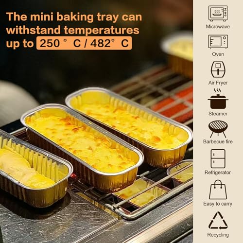 100 Pack Mini Cake Pans with Lids and Spoons, Mini Loaf Baking Pans 6.8oz, Small Disposable Aluminum Foil Loaf Pans, Rectangular Baking Containers for Party and Picnics, Cheesecake Pans (Gold) - color: Gold