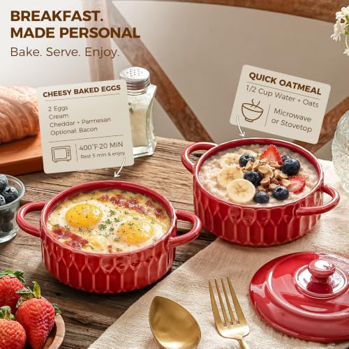 Mini Cocotte Set of 4, 14 oz Ceramic Casserole Dishes with Lids - color: Cherry Red