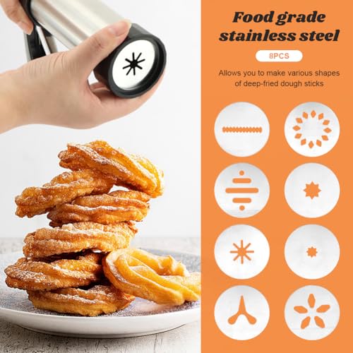 Stainless Steel Churro Maker Kit with 8 Discs, 8 Tips and Piping Bag