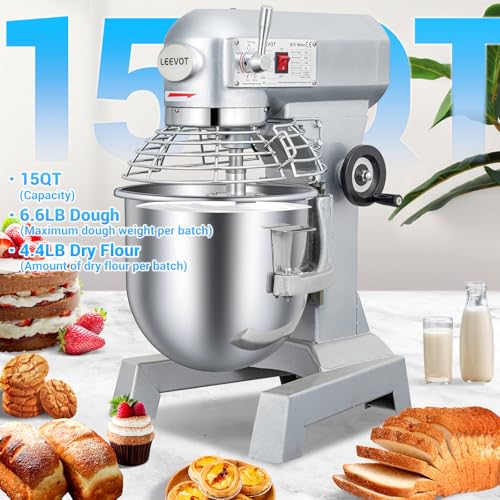LEEVOT 15Qt Commercial Food Mixer, 600W Commercial mixers, 3-Speed Dough Kneading Machine, Heavy Duty Stand Mixer for Bakery, Pizzeria, Restaurant, Home Kitchen & Dough Making 110V 60Hz - size: 15QT+Timer