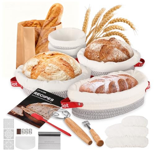 Sourdough Starter Kit 5 Banneton Round & Oval, Consciot Cotton Rope Bread Proofing Basket Set, Sourdough Bread Baking Supplies, Bread Baskets With Liners & Covers, Gift for Bakers Women Kids Family
