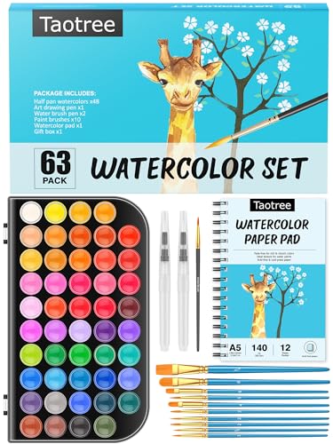 Taotree 48 Watercolor Paint Set with 10 Paint Brushes and Watercolor Book - color: 63 Multicolor