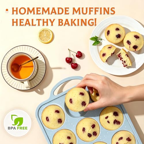 Silicone Muffin Pan, Metal Frame Regular Cupcake Pan Silicone Molds 12 Cups - color: Blue, size: Regular: 1pc