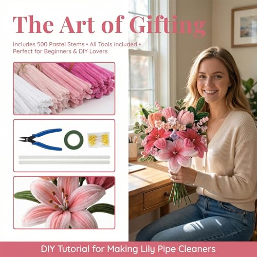 Eywwuu 540 Pcs Pipe Cleaner Flower Kit, DIY Flower Bouquet Making Kit with 5 Pastel Chenille Stem Colors, 30 Floral Stems, Tape, Stamen, Glue Sticks, Pliers and Brush for Rose Tulip Lily Crafts