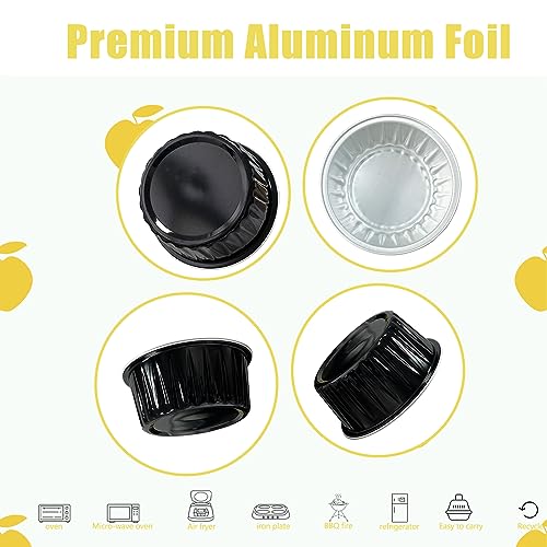 100Pcs Aluminum Cups with Lids,5oz Disposable Ramekin Baking Cups Muffin Liners Mini Pie Pans Foil Cupcake Containers for Christmas Party Wedding Party,Black - color: Black