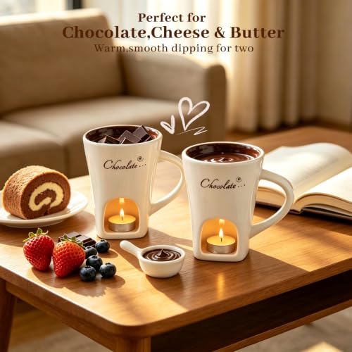 Chocolate Fondue Mug Set of 2, Ceramic Melting Cup, Candle & Fork - color: 2pcs White
