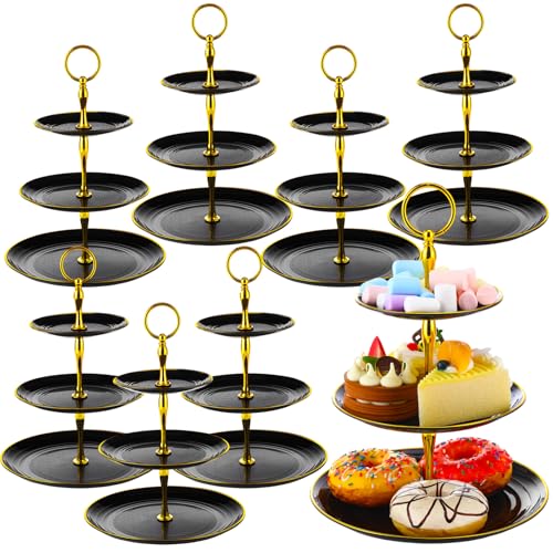 Teenyyou 8 Pack 3 Tier Plastic Cupcake Stand Bulk, Black, Round - color: Black, style: Round