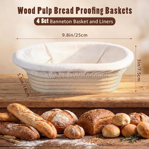 Baderke 4 Pack Banneton Bread Proofing Basket Wood Pulp, Beige, Oval - color: Beige, size: Oval