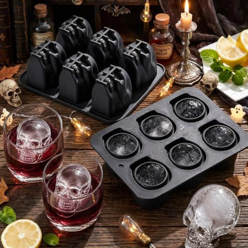 2Pcs Skull Silicone Mold, 6-Cavity 3D Large Skull Cake Pan Molds Halloween Silicone Molds for Baking Chocolate, Candy, Cake Decoration, Resin Casting