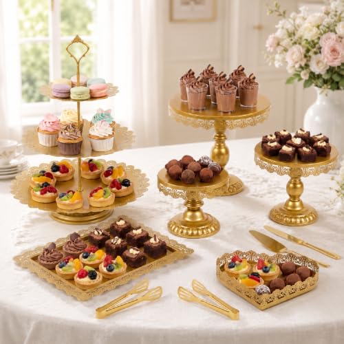 12 Set of Gold Cake Stand, Metal Gold Cupcake Stand and Bases para Postres de Mesa, Elegant Gold Dessert Stands for Party and Wedding, Easy to Clean Desert Table Display Set