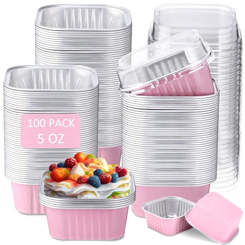 Skylety 100 Pcs 5oz Mini Square Cake Pans with Lids, Pink - color: Pink