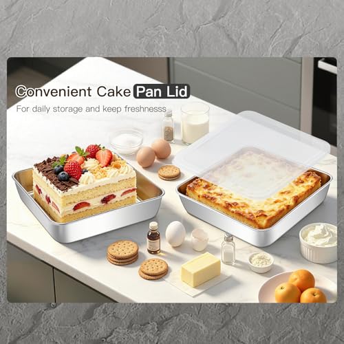 8x8 Inch Baking Pan with lid,18/0 Stainless Steel Square Cake Pan,Set of 2 - color: Flat lid