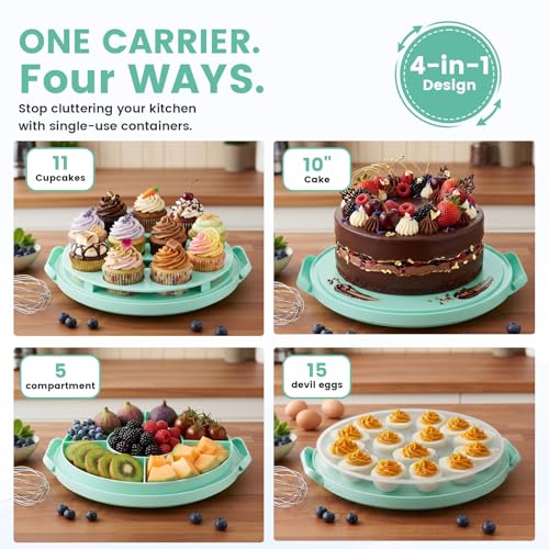 HANSGO Cake Carrier with Lid and Handle, Extra Deviled Egg Containers, Cake Holder for 10 inch Cakes with 2 Handles, 11 Capacity Cupcake Carrier, Two Sided Base for Nuts, Fruits, Muffins, Pies, Pizza