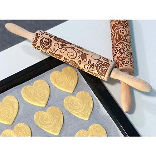 Floral Rose Embossed Rolling Pin for Baking Cookies Embossing Rolling Pins with Design Wooden Engraved Springerle Shortbread Roller Pin Flower Patterned Clay Pottery Ceramic Stamp Mold Bakers Women - color: Floral Rose