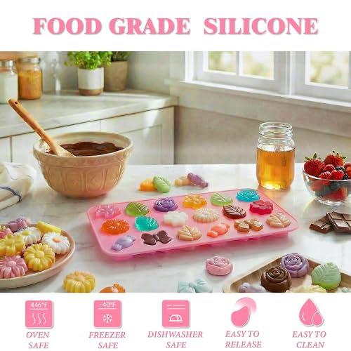 Flower Candy Molds Silicone 2PCS, KKDINDAN 9 Shapes Bite Size Chocolate Molds, Food Grade Spring Rose Daisy Flower Mold Bow Leaf Gummy Molds for Ice Jello Soap Cookie Dessert Melt - size: Flower Molds 2 Pcs