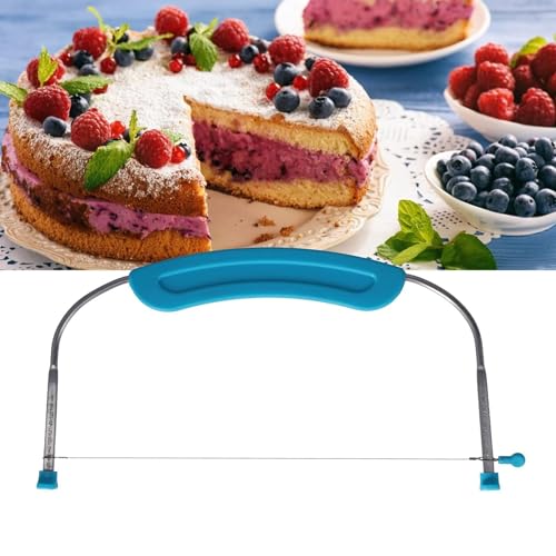 Cyrank Adjustable Cake Leveler for Leveling and Torting, 13.58 x 6.3inch 304 Stainless Steel Cake Leveler Adjustable Wire Cake Cutter with Handle and Scale DIY Baking Tool for Kitchen(Blue)